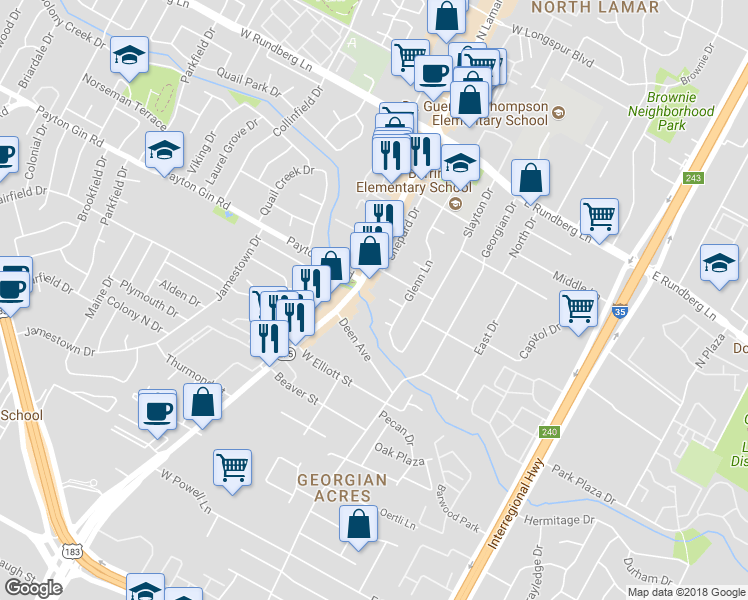 map of restaurants, bars, coffee shops, grocery stores, and more near 8827 North Lamar Boulevard in Austin
