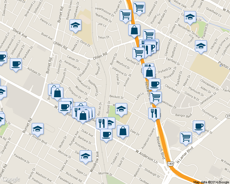 map of restaurants, bars, coffee shops, grocery stores, and more near 8204 Polar Drive in Austin