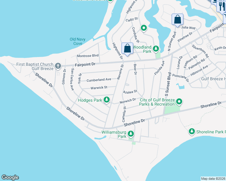 map of restaurants, bars, coffee shops, grocery stores, and more near 411 Warwick Street in Gulf Breeze