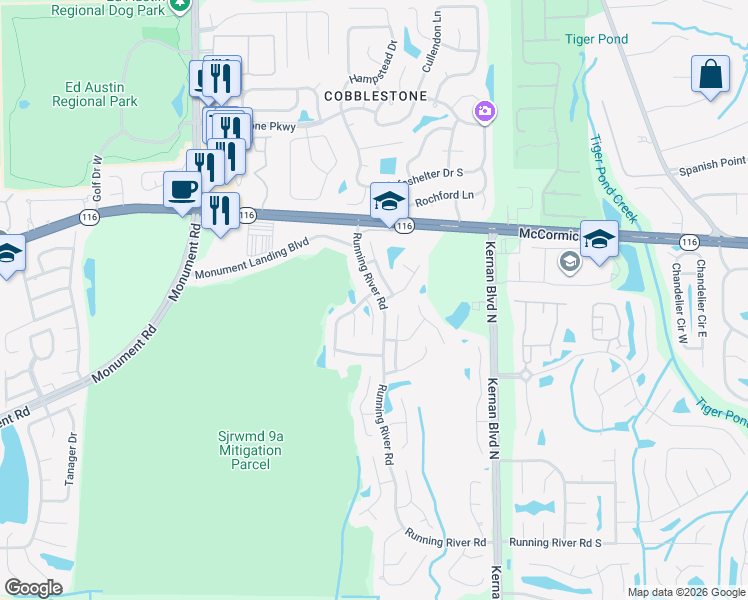 map of restaurants, bars, coffee shops, grocery stores, and more near 1861 Rambling Ridge Lane in Jacksonville