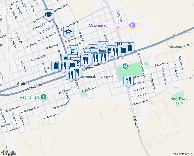 map of restaurants, bars, coffee shops, grocery stores, and more near 206 South 2nd Street in Alpine