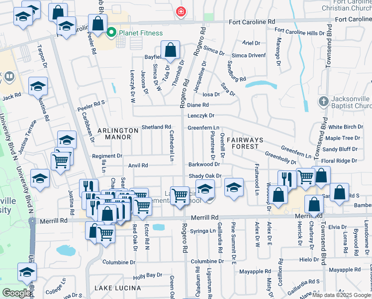 map of restaurants, bars, coffee shops, grocery stores, and more near 3137 Rogero Road in Jacksonville