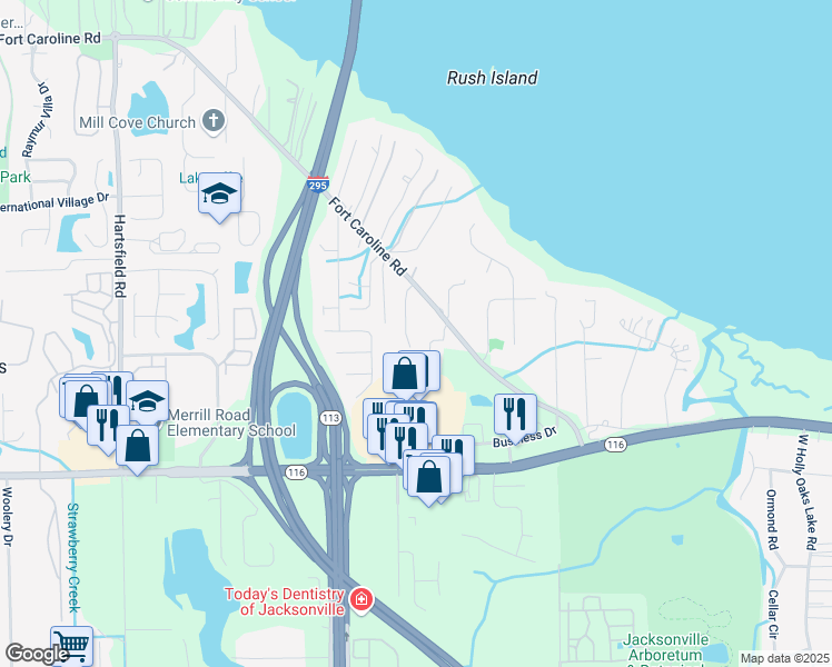 map of restaurants, bars, coffee shops, grocery stores, and more near 3457 Uphill Terrace in Jacksonville