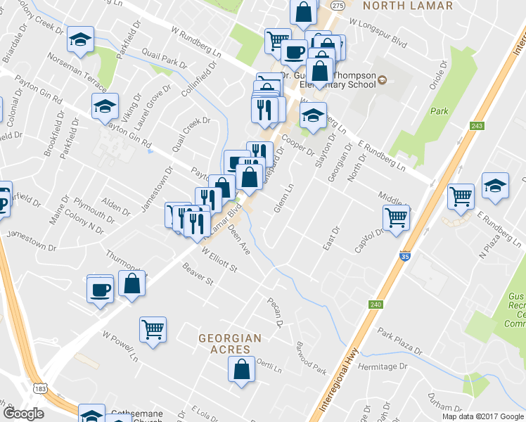 map of restaurants, bars, coffee shops, grocery stores, and more near Jan Court in Austin