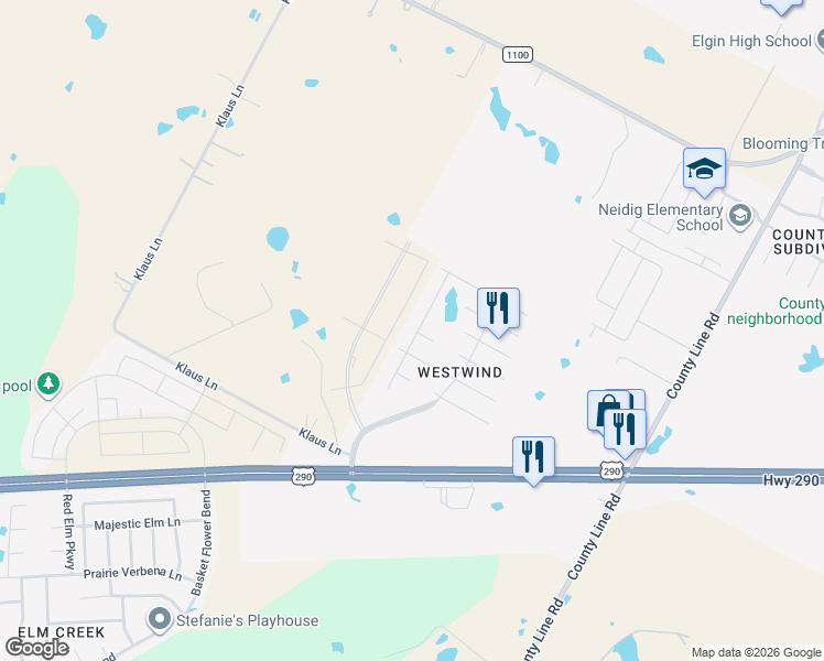 map of restaurants, bars, coffee shops, grocery stores, and more near 13636 Sierra Wind Lane in Elgin