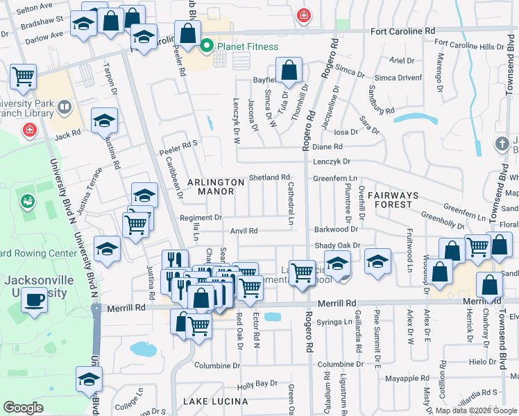 map of restaurants, bars, coffee shops, grocery stores, and more near 3140 Fiesta Lane in Jacksonville