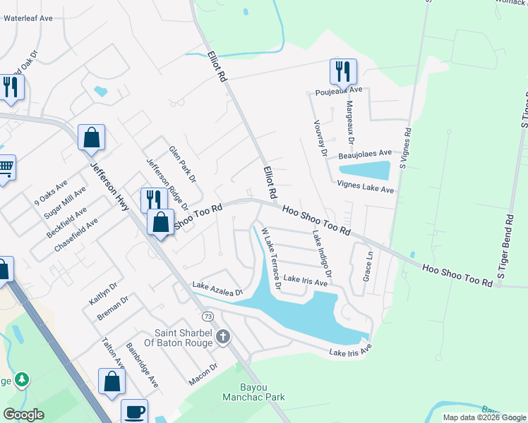 map of restaurants, bars, coffee shops, grocery stores, and more near 18322 Hoo Shoo Too Road in Baton Rouge