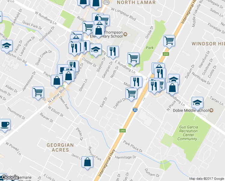 map of restaurants, bars, coffee shops, grocery stores, and more near 9011 East Drive in Austin