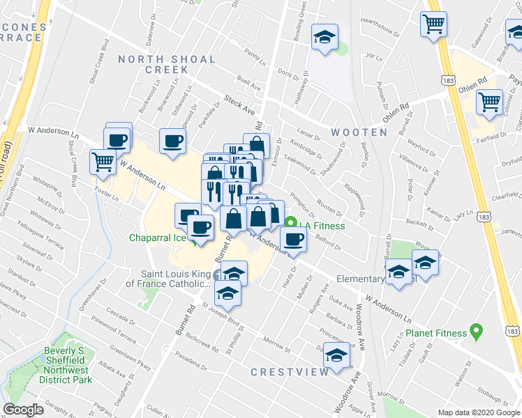 map of restaurants, bars, coffee shops, grocery stores, and more near 7917 Brockman Street in Austin