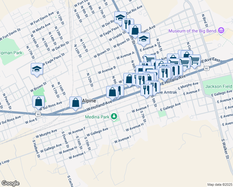 map of restaurants, bars, coffee shops, grocery stores, and more near 500-598 W Ave E in Alpine