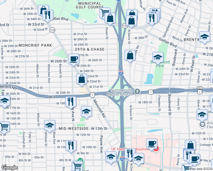 map of restaurants, bars, coffee shops, grocery stores, and more near 1051 West 21st Street in Jacksonville