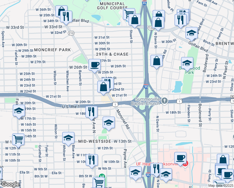 map of restaurants, bars, coffee shops, grocery stores, and more near 1137 West 21st Street in Jacksonville