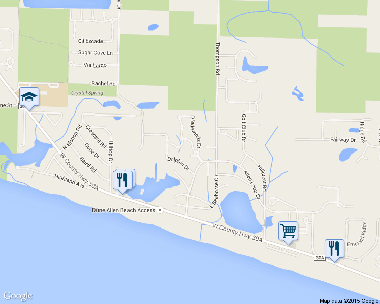 map of restaurants, bars, coffee shops, grocery stores, and more near 79 Gulfwinds Way in Santa Rosa Beach