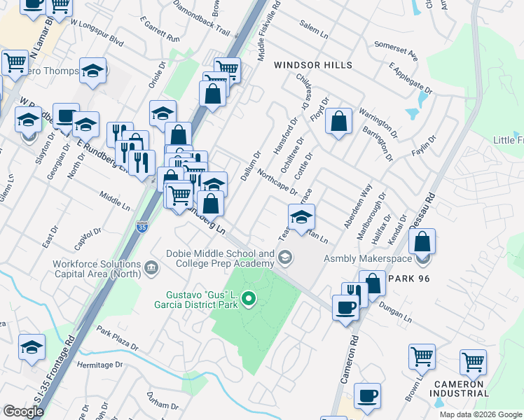 map of restaurants, bars, coffee shops, grocery stores, and more near 1101 Crown Oaks Drive in Austin