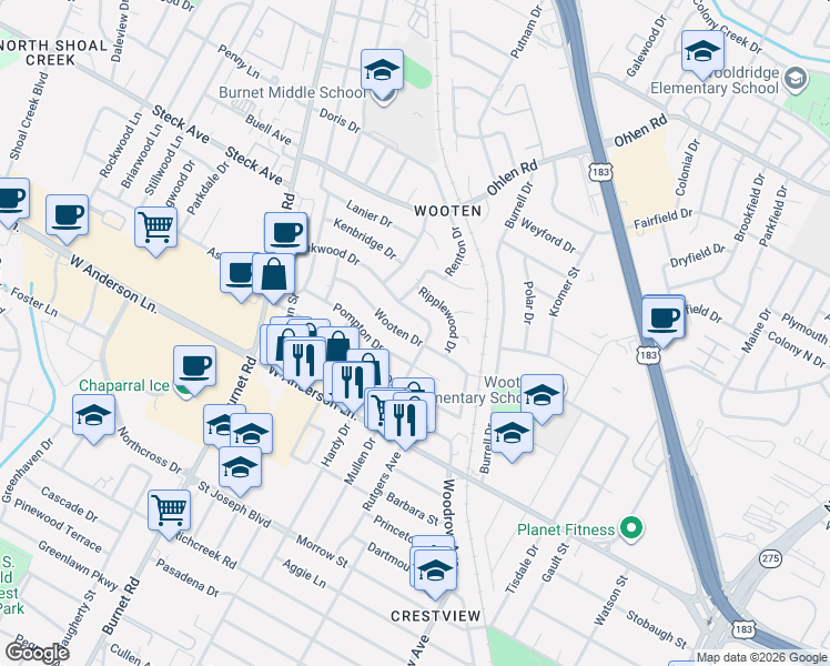 map of restaurants, bars, coffee shops, grocery stores, and more near 1906 Wooten Drive in Austin