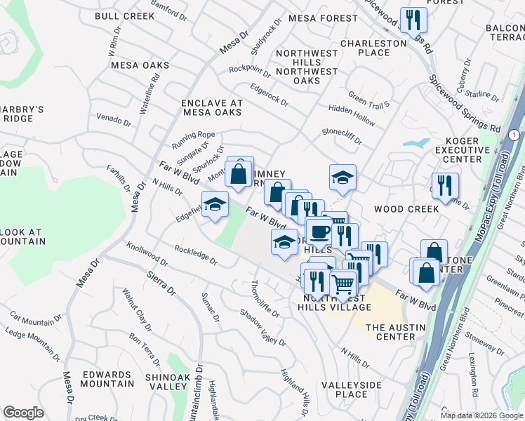 map of restaurants, bars, coffee shops, grocery stores, and more near 3840 Far West Boulevard in Austin
