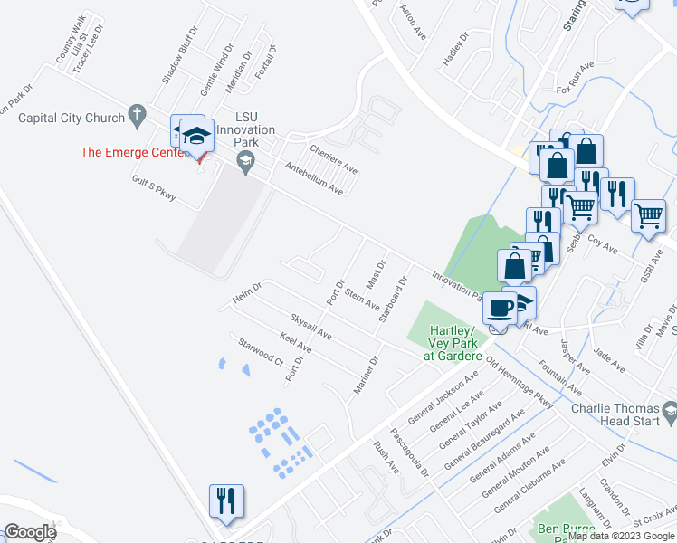 map of restaurants, bars, coffee shops, grocery stores, and more near 1748 Port Drive in Baton Rouge