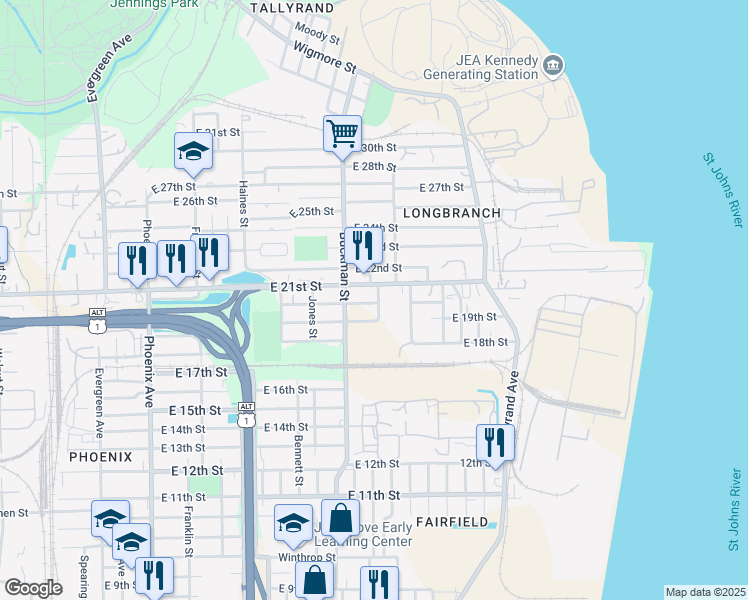 map of restaurants, bars, coffee shops, grocery stores, and more near 3004 Thelma Street in Jacksonville