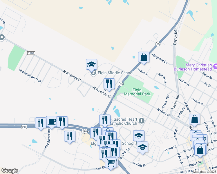 map of restaurants, bars, coffee shops, grocery stores, and more near 205 Loesch Drive in Elgin