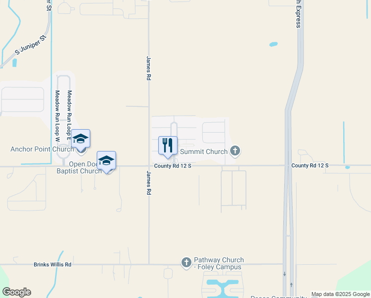 map of restaurants, bars, coffee shops, grocery stores, and more near 1027 Sunnybell Lane in Foley