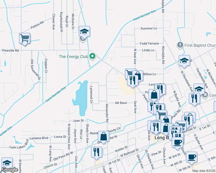 map of restaurants, bars, coffee shops, grocery stores, and more near 400 Alexander Road in Long Beach