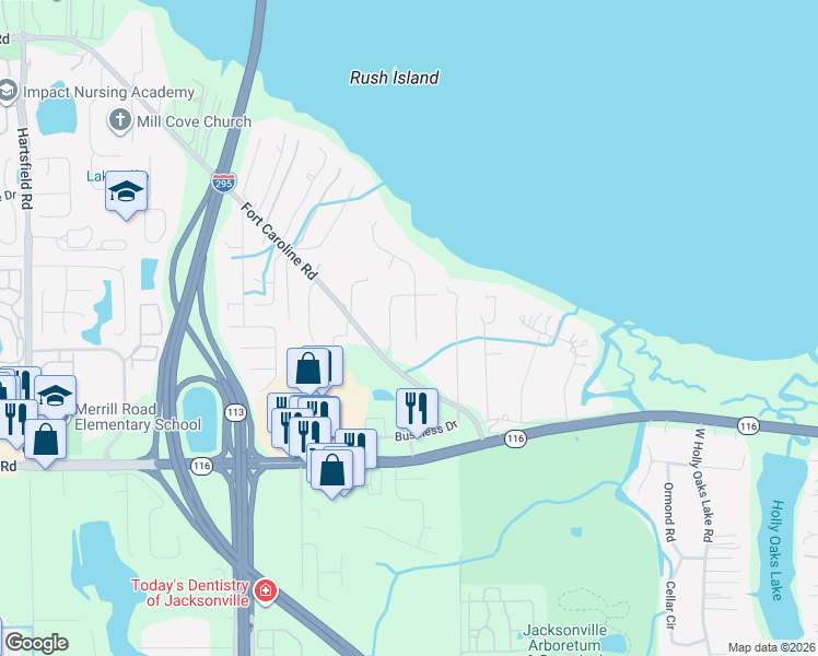 map of restaurants, bars, coffee shops, grocery stores, and more near 2132 Broadwater Drive in Jacksonville