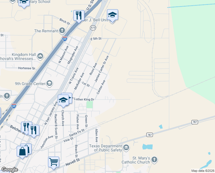 map of restaurants, bars, coffee shops, grocery stores, and more near 1299 Martin Luther King Dr in Cleveland