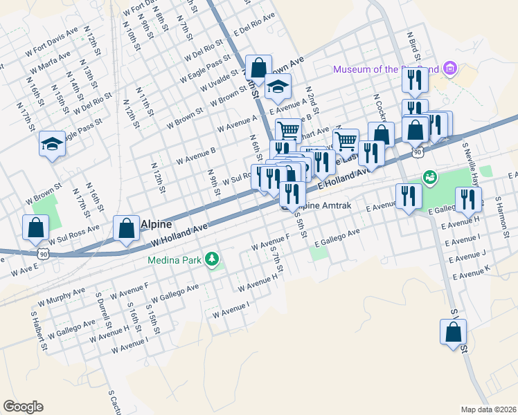 map of restaurants, bars, coffee shops, grocery stores, and more near 300-398 W Holland Ave in Alpine
