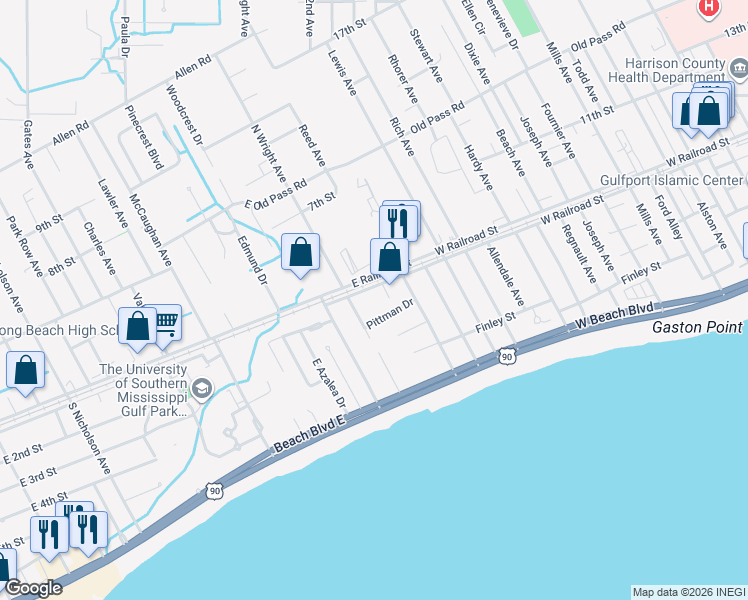 map of restaurants, bars, coffee shops, grocery stores, and more near 925 East 1st Street in Long Beach