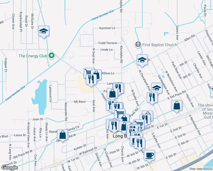 map of restaurants, bars, coffee shops, grocery stores, and more near 195 Larosa Road in Long Beach