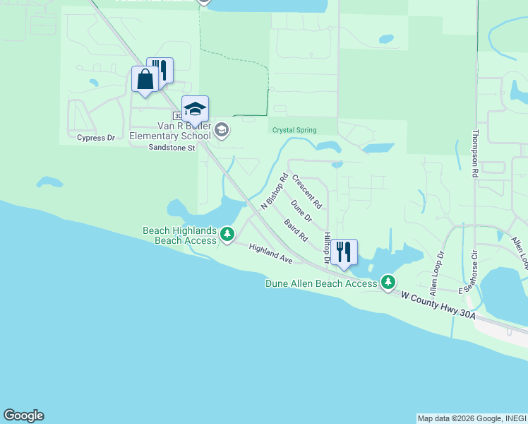 map of restaurants, bars, coffee shops, grocery stores, and more near 6346 County Road 30A in Santa Rosa Beach