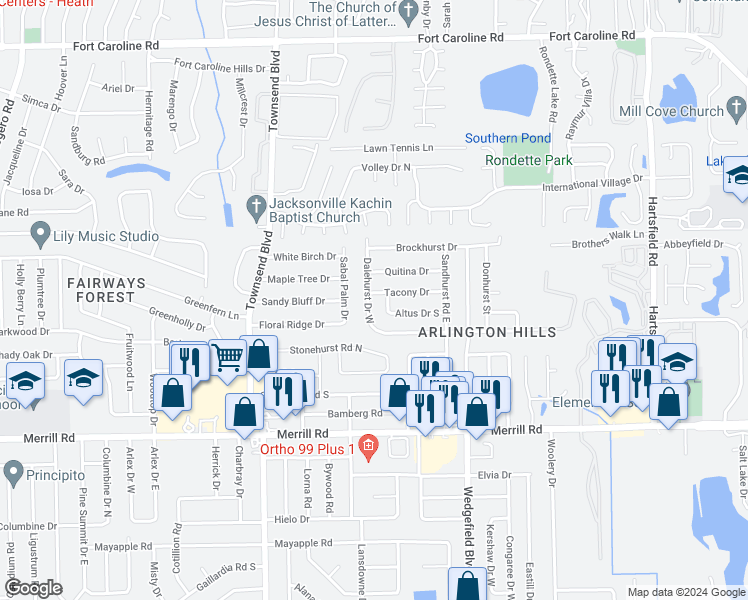 map of restaurants, bars, coffee shops, grocery stores, and more near 3039 Dalehurst Drive West in Jacksonville