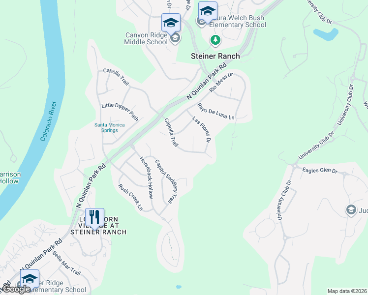 map of restaurants, bars, coffee shops, grocery stores, and more near 12212 Capella Trail in Austin