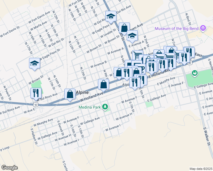 map of restaurants, bars, coffee shops, grocery stores, and more near 500-598 W Ave E in Alpine