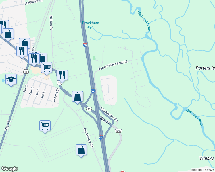 map of restaurants, bars, coffee shops, grocery stores, and more near 138 Brigadier Loop in Pearl River