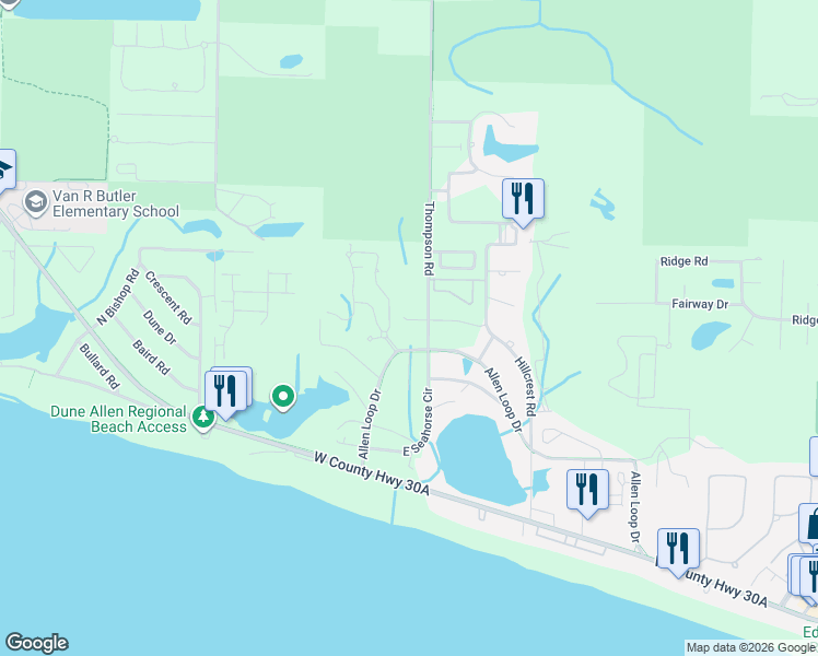 map of restaurants, bars, coffee shops, grocery stores, and more near 1234 Thompson Road in Santa Rosa Beach