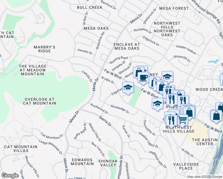 map of restaurants, bars, coffee shops, grocery stores, and more near 4002 Edgefield Court in Austin