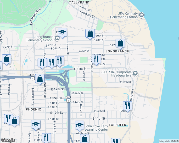 map of restaurants, bars, coffee shops, grocery stores, and more near 3000 Buckman Street in Jacksonville