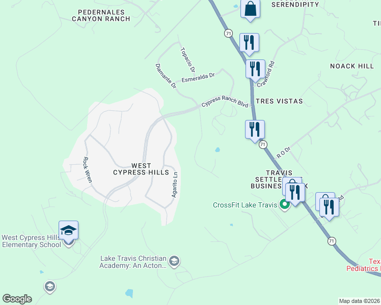 map of restaurants, bars, coffee shops, grocery stores, and more near 5240 Diamante Drive in Spicewood