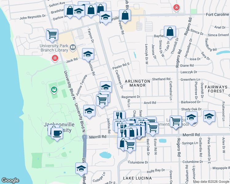 map of restaurants, bars, coffee shops, grocery stores, and more near 3124 Florida 109A in Jacksonville