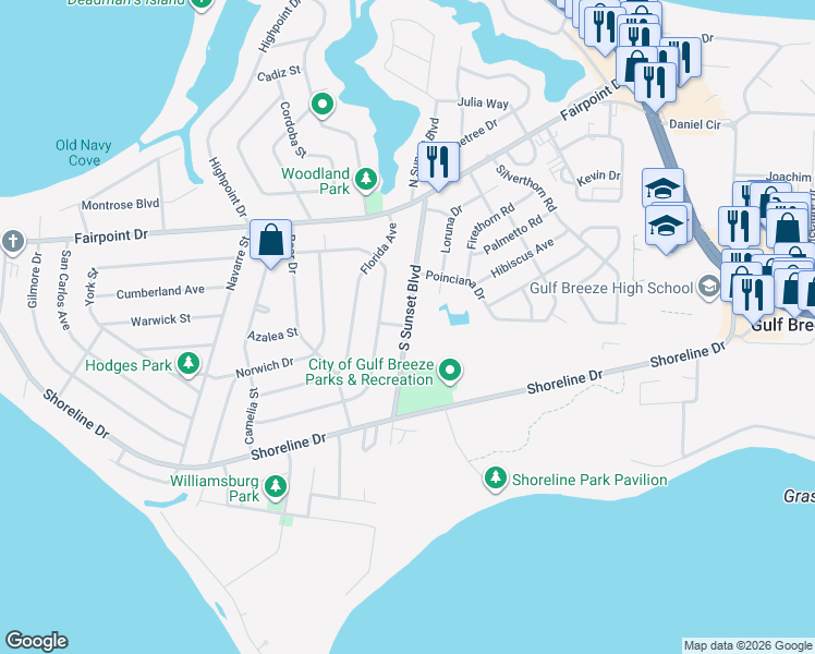map of restaurants, bars, coffee shops, grocery stores, and more near 275 South Sunset Boulevard in Gulf Breeze