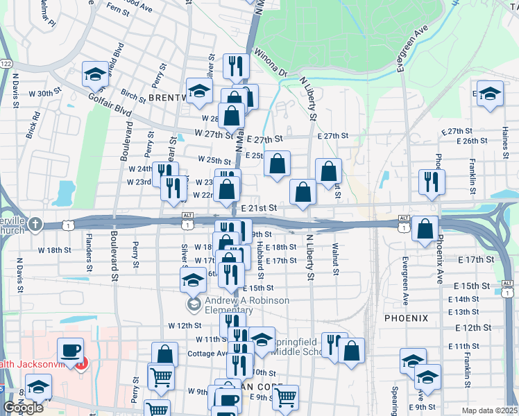 map of restaurants, bars, coffee shops, grocery stores, and more near 103 East 21st Street in Jacksonville