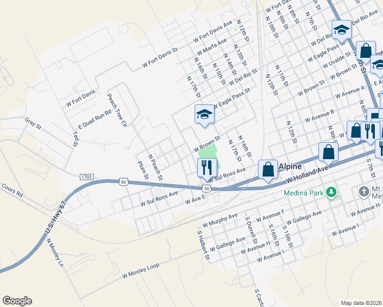 map of restaurants, bars, coffee shops, grocery stores, and more near 1601 West Brown Street in Alpine