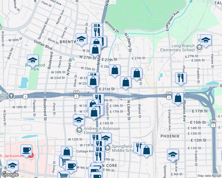 map of restaurants, bars, coffee shops, grocery stores, and more near 3018 Hubbard Street in Jacksonville