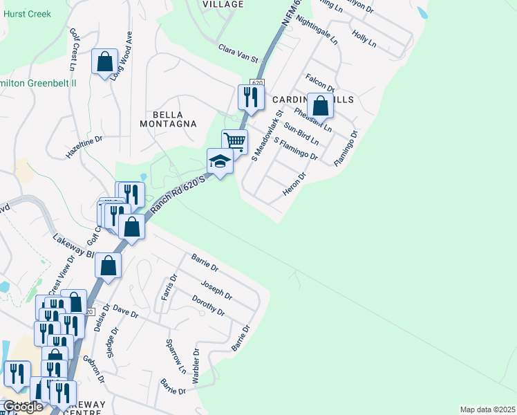 map of restaurants, bars, coffee shops, grocery stores, and more near 528 Meadowlark St in Lakeway