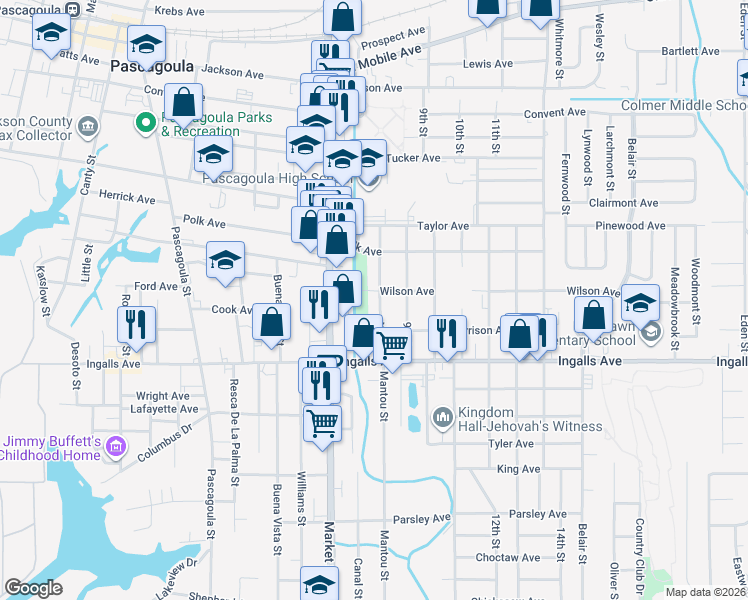 map of restaurants, bars, coffee shops, grocery stores, and more near 2015 8th Street in Pascagoula