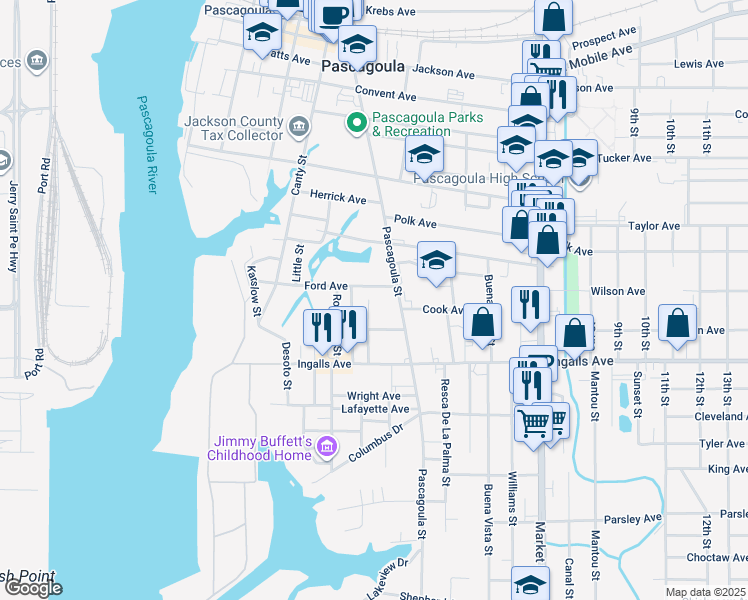 map of restaurants, bars, coffee shops, grocery stores, and more near 2004 Ducayet Street in Pascagoula