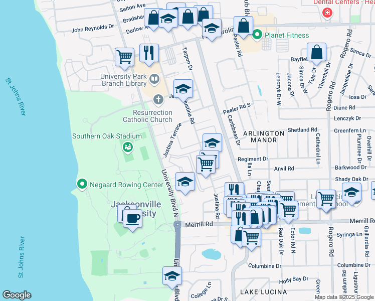 map of restaurants, bars, coffee shops, grocery stores, and more near 5755 Holly Bell Drive in Jacksonville