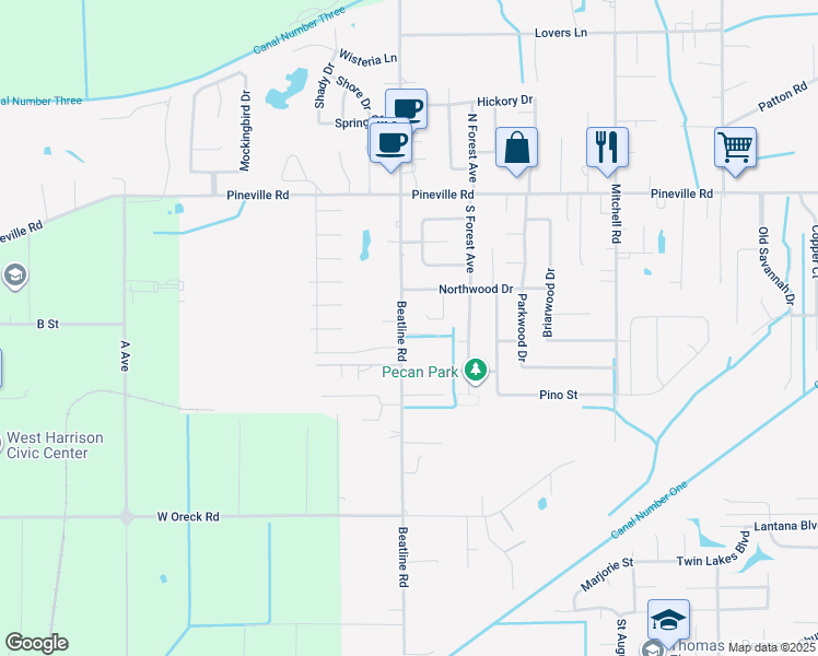 map of restaurants, bars, coffee shops, grocery stores, and more near 5040 Beatline Road in Long Beach