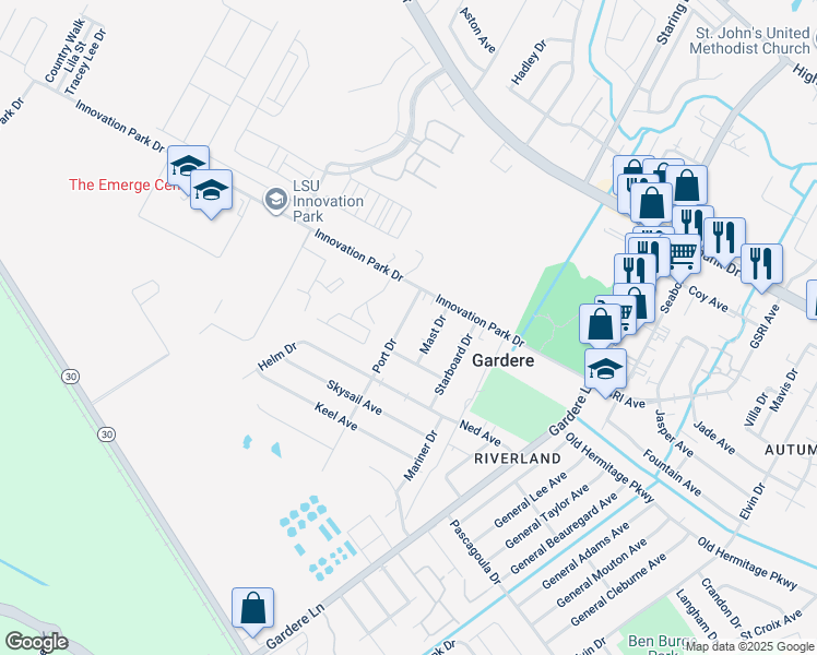map of restaurants, bars, coffee shops, grocery stores, and more near 1717 Port Drive in Baton Rouge